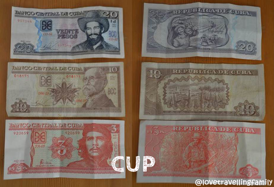 Cuban peso banknotes labelled CUP in the original currency photograph.