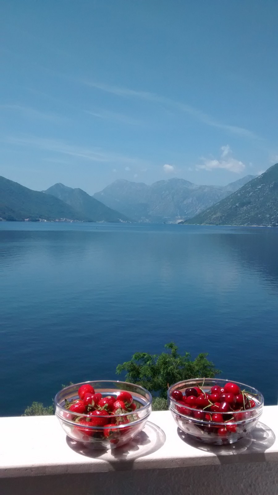 A calm view across the Bay of Kotor towards the mountains, with bowls of cherries on a balcony wall.