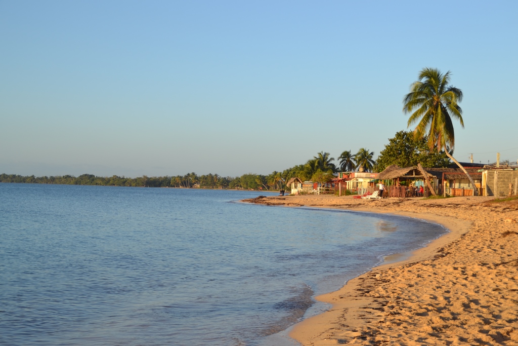 A quiet curve of shore at the Bay of Pigs, with low houses and palms in the evening light.