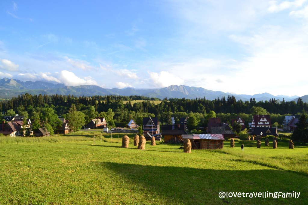 A meadow with haystacks and wooden houses below the Tatra Mountains near Poronin.