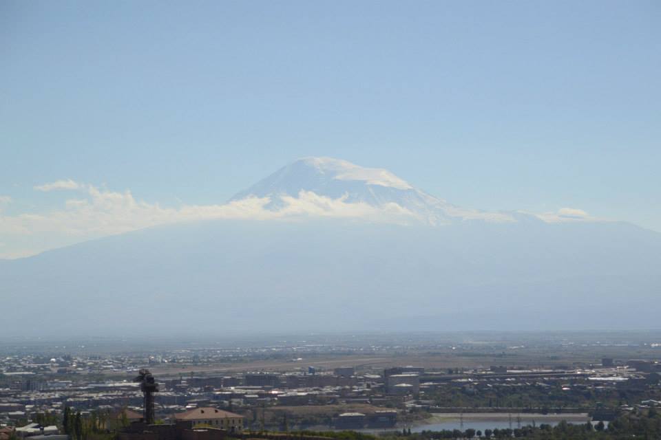 Snow-capped Mount Ararat rising above the plain, seen from Yerevan on a clear morning.
